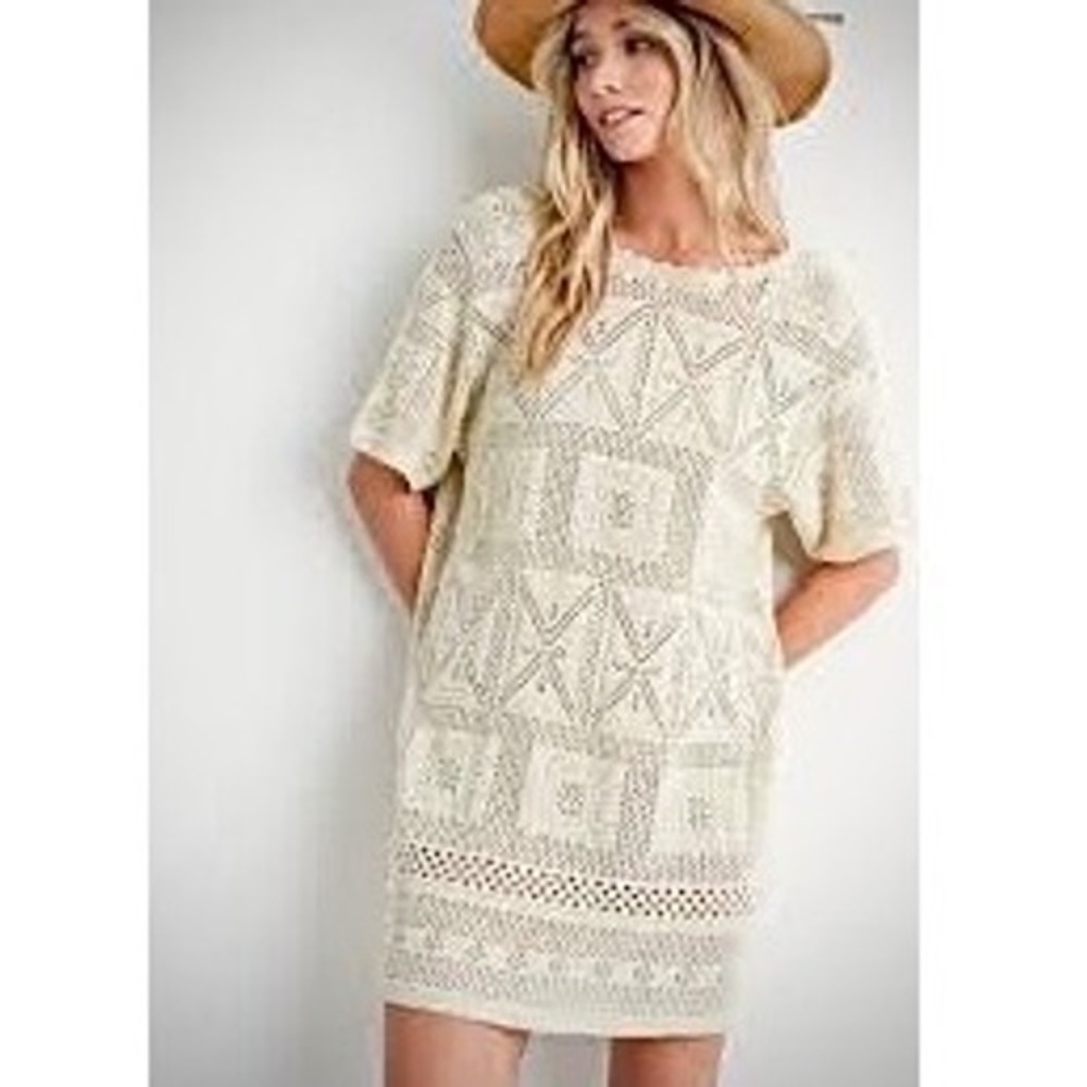 Aztec Crochet Knit Dress Women ML Cream Excellent Boho Geometric Mini Tunic